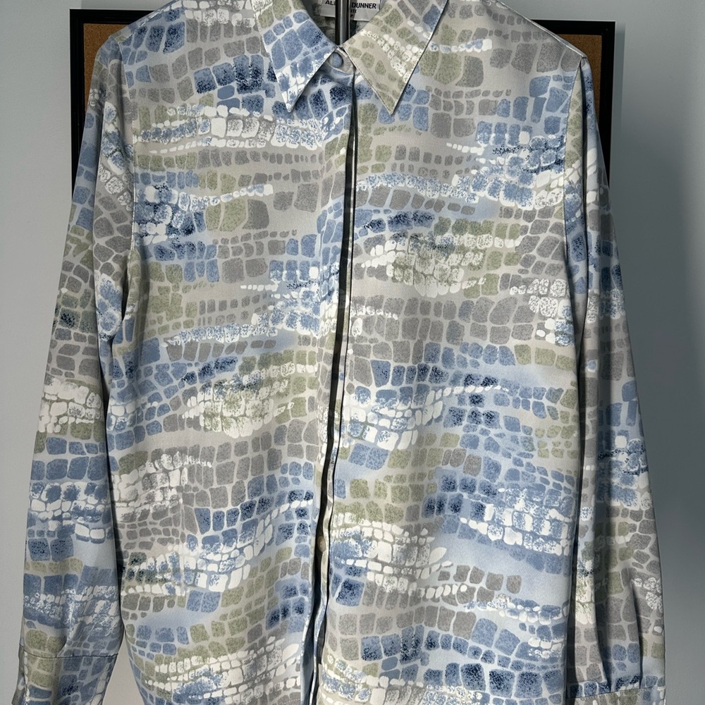VTG Alfred Dunner Women’s Button Down Blouse Size 14P - Blue, Gray, Green